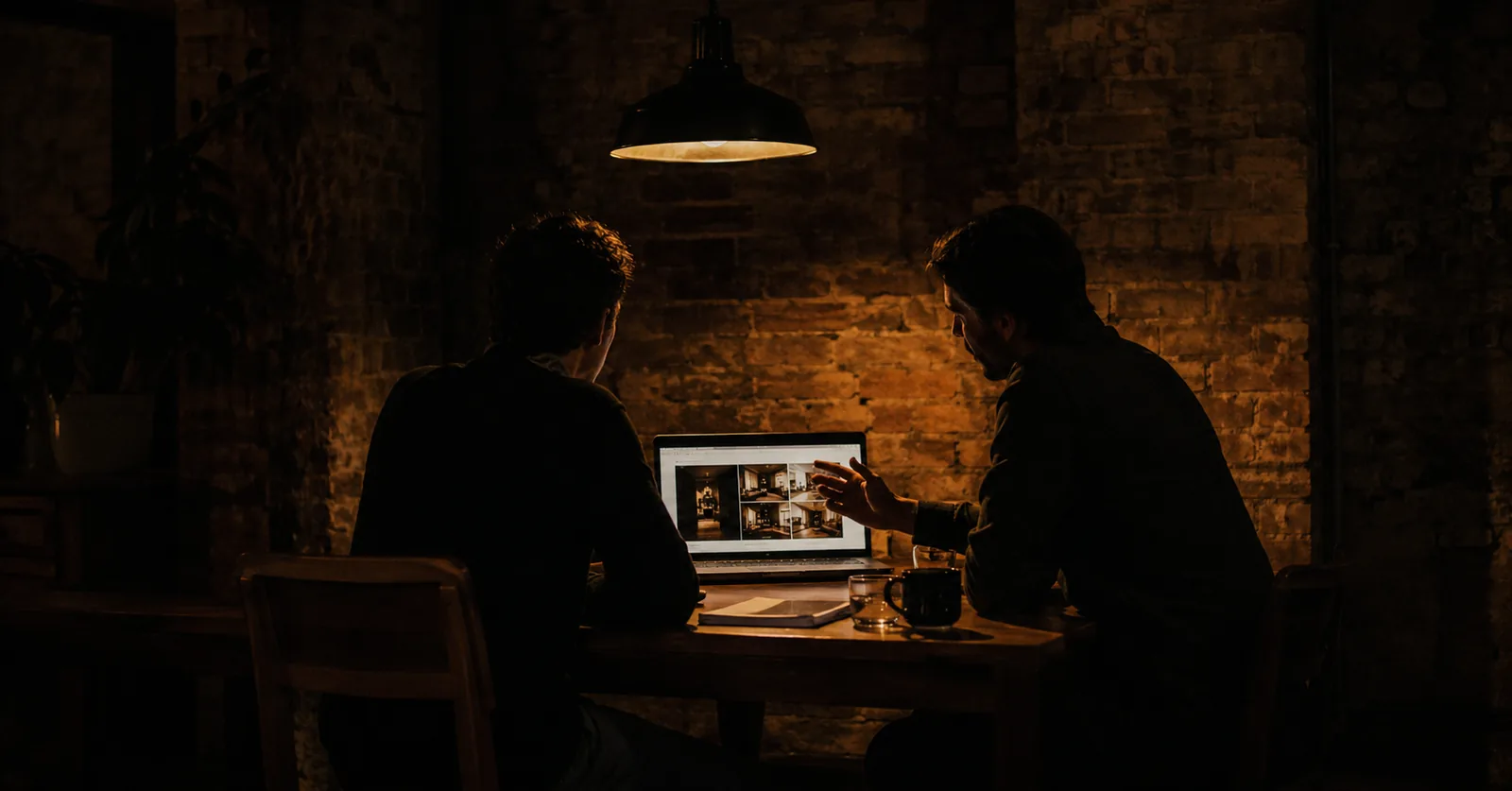 Two people working through a project at a table, a laptop open between them.